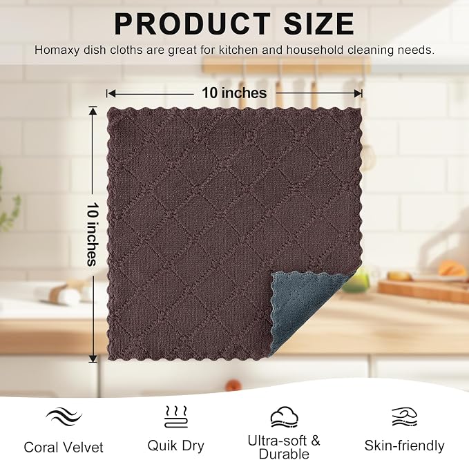 Homaxy 12 Pack Super Soft Dish Cloths, 10" x 10", Dark Grey & Brown | Coral Velvet, Nonstick Oil Fast Drying Microfiber Cleaning Cloth, No Lint Household Dishcloths