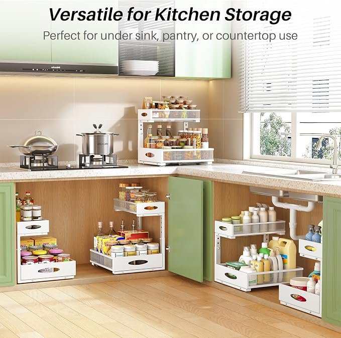 Under Sink Organizer, 2-Pack Pull Out Cabinet Organizer 2 Tier Metal Slide Out Storage Shelf Rack, L-Shaped Adjustable Height,Mesh Sliding Drawer for Kitchen, Bathroom, Laundry, Pantry, White, XL