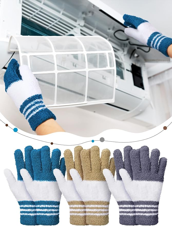 Patelai 3 Pairs Microfiber Dusting Gloves for Plants Leaf, Medium | Dark Blue, Gray, Khaki, White,Plant Cleaning Gloves, Reusable Washable Gloves,House Furniture Blinds Dusting