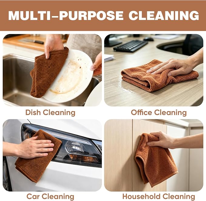 TEAWOO 10 PCS Brown Microfiber Cleaning Cloths, Assorted Cleaning Rags | Microfiber Towels, Car Towels, Kitchen Towels, Bathroom Towels, Household Cleaning, 11.8"X11.8"