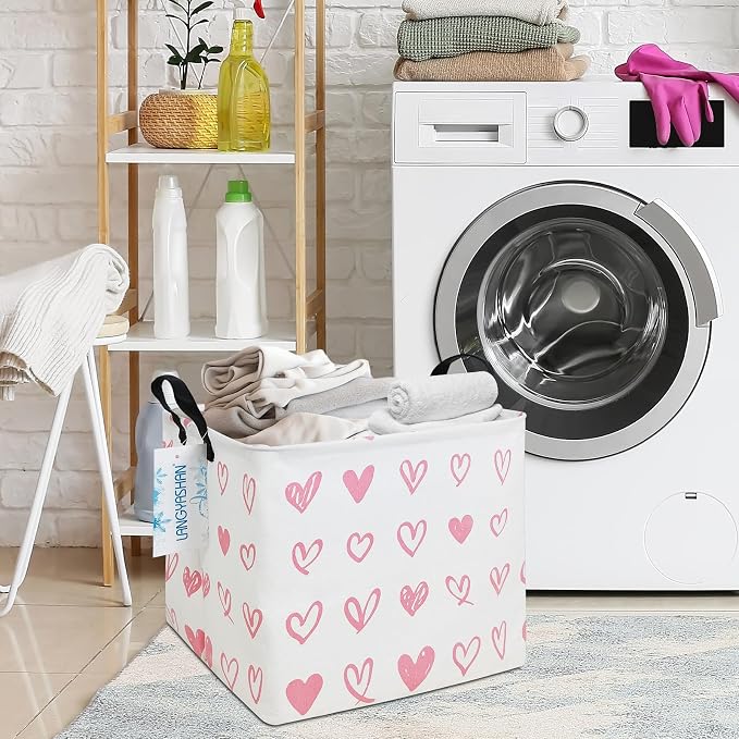 Square Storage Baskets Children Shelves Gift Toy Organizer Room Pink Heart | Laundry Hamper Collapse Canvas with Handles for Organizing Home Kitchen Children Toys Office Closet Shelf