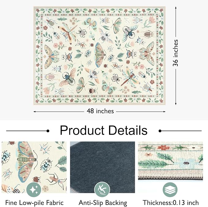 Anidaroel 36"x48" Home Office Chair Mat for Hardwood Floor, Beige Under Desk Rug for Rolling Chairs, Anti-Slip Insect Print Desk Floor Mat for Offices Chair, Low Pile Office Rugs for Rolling Chairs
