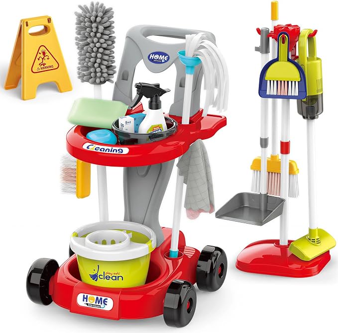 Toddler Cleaning Toy Set,New 29 - with Vacuum Cleaner,Broom & Mop,Ages 3-5 | Piece Detachable Kids Cleaning Set for Kids - for Pretend Play Educational Cleaning Carts Boy and Girls 3-5 Years Old（Red）