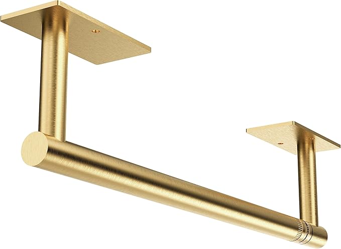 Gold Paper Towel Holder Under Cabinet Self Adhesive or Wall Mount | 304 Stainless Steel Post Pivoting Design No Drilling for Kitchen, Bathroom Waterproof & Rustproof, Square Base