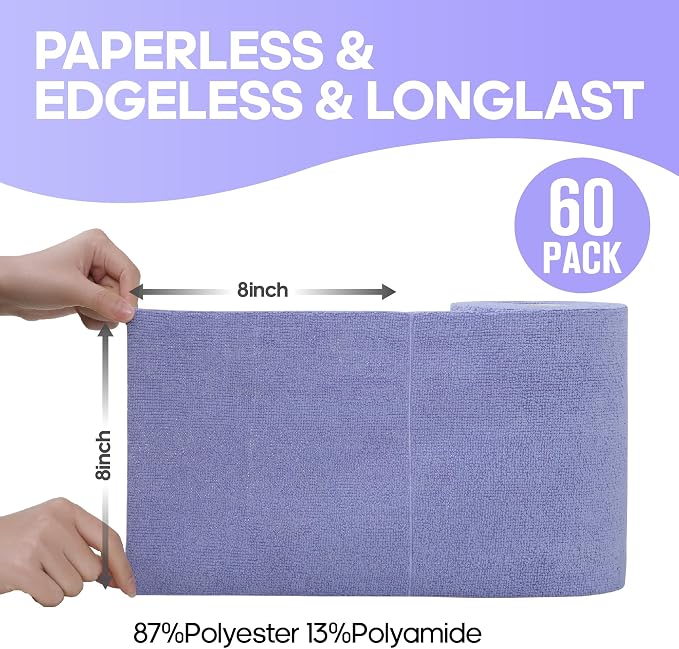 Fantasticlean Microfiber Cleaning Cloth Roll, 60 Pack, 8 x 8, Light Purple | Tear Away Microfiber Towel Roll, Reusable Paper Towels, Rags for Kitchen, Pet, Dust, Car, Office, Cleaning Supplies, Portable