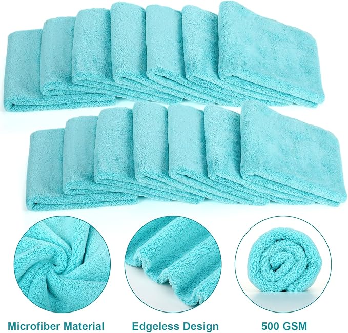 Shimeyao 30 Pcs 16 x 16 Inch Edgeless Microfiber Plush Towels for Cars Detailing Drying Wash Polishing Absorbent Cleaning Cloths, 500 GSM (Teal Blue)