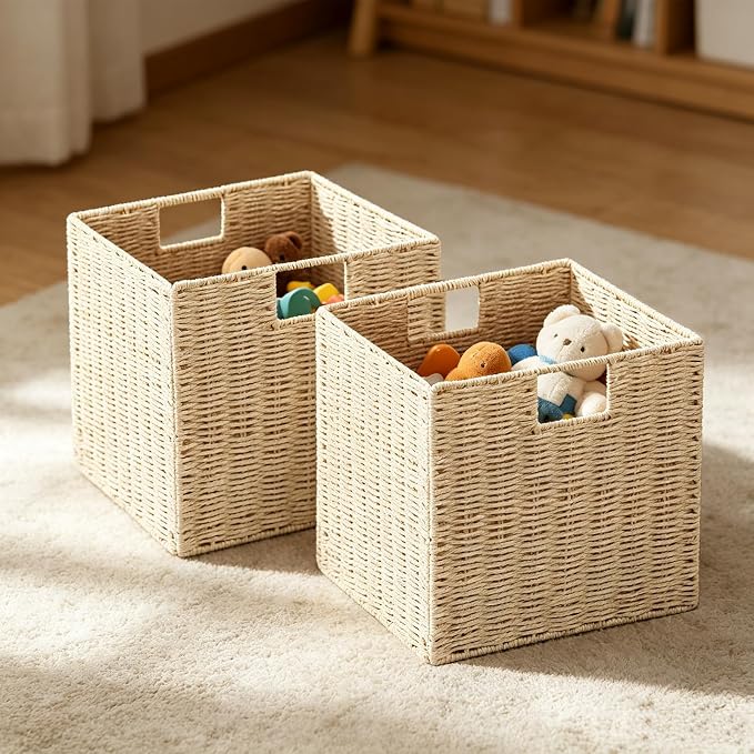 Vagusicc Wicker Storage Basket, Set of 2 Hand-Woven Paper Rope Storage Baskets, Foldable Cube Storage Organizer Bins, 11 Inch Wicker Storage Baskets for Shelves and Decor, Square Storage Basket, Beige