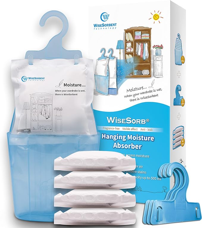 Wisesorb Moisture Absorber Packets with Plastic Case & Hook, Odor Eliminator, Leak Proof, Fragrance Free, Humidity Packs, Hanging Closet Dehumidifier Bags, Moisture Absorber (4 Packs)