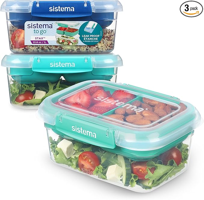 Sistema TO GO Stax Leakproof Food Storage Containers | 1 L | Airtight & Stackable Meal Prep Containers with Lids | Lunch Boxes | BPA-Free | 3 Count