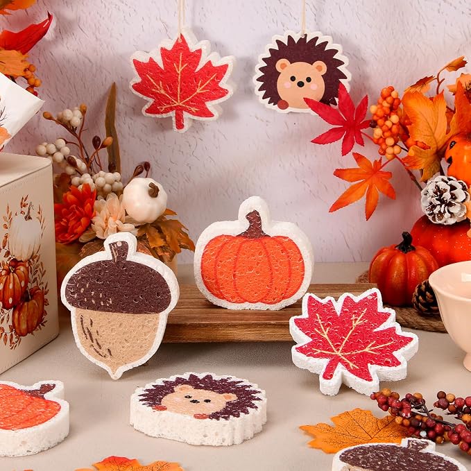 Whaline 8Pcs Fall Kitchen Sponges Pumpkin Maple Leaves Acorn Hedgehog Water Absorbing Dish Washing Sponge Non Scratch Cleaning Scrubbers for Autumn Thanksgiving Home Kitchen Decor