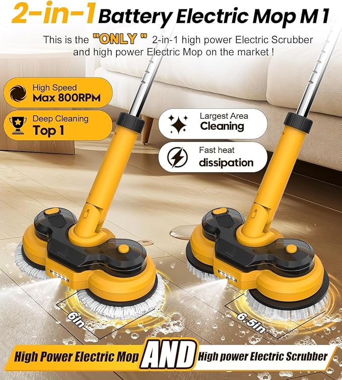qimedo Cordless Electric Mop M1, 2-in-1 Spin Mop & Floor Scrubber | 800RPM electric floor Machine, 6000mAh Battery, Smart Display, LED Light & Water Spray for hardwood, tile and laminate floors