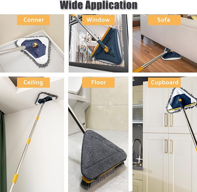 5-in-1 Wall Cleaner Mop with 79'' Long Handle, Triangle Head Wall Scrubber | Cleaning Dust Mop with 6 Pads, Squeegee, Scrubber, Wall Washer Tool for Painted Wall, Ceiling, Baseboard, Window, Floor