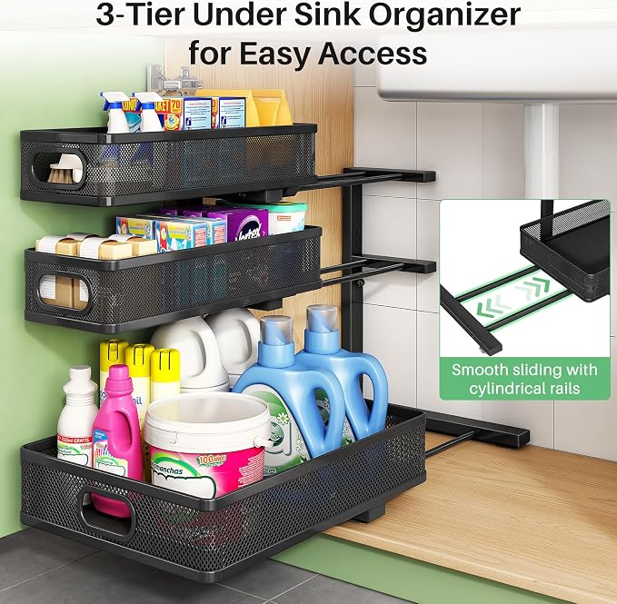 Kitstorack Under Sink Organizer, 2-Pack 3-Tier Height Adjustable Thickened Metal Pull out Cabinet Organizer Shelf, Slide out Storage Drawer Rack for Bathroom Kitchen Pantry Home Laundry Organization