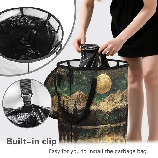 Landscape Moon Collapsible Trash Can with Lid Waterproof Bedroom Trash Can Decorative Portable Outdoor Waste Bin for Camping, Yard Waste, Picnic