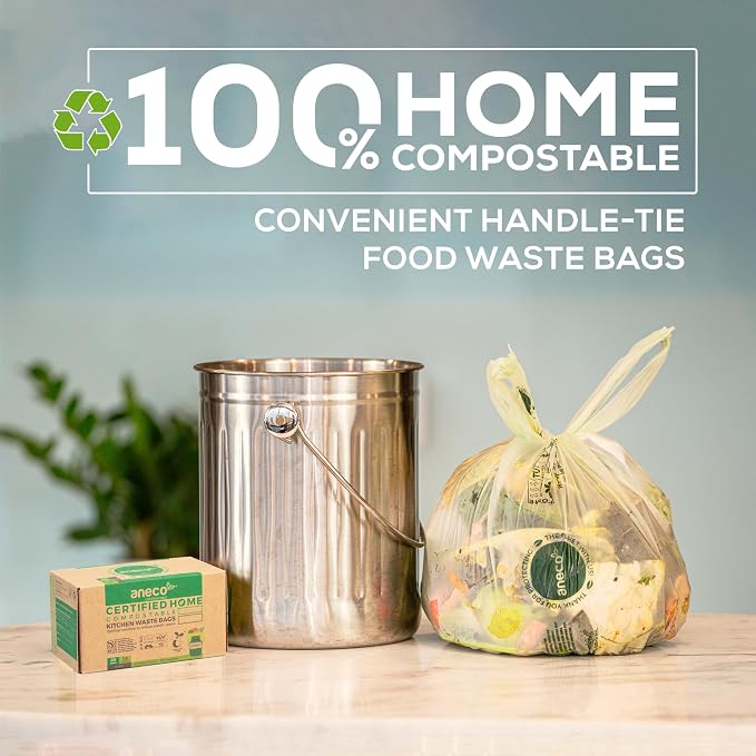 ANECO 100% Compostable Food Waste Bags 1.6 Gallon With Handles (30 Count) | Small Compost Bags for Countertop Bin, OK Compost HOME & BPI Certified Compostable Kitchen Food Waste Bags