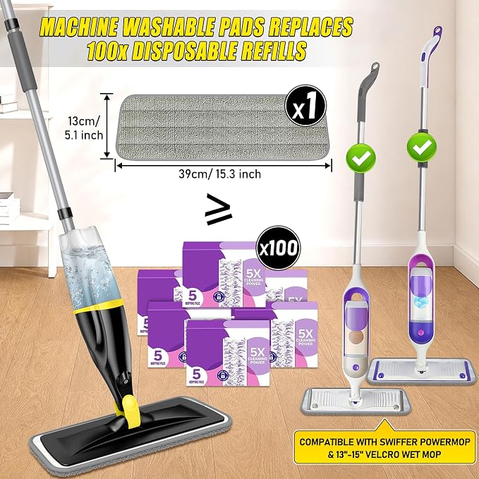 Spray Mops for Floors Cleaning: Hardwood Floor Mop Wet Dust Mop Refillable | Swivel Head Lightweight for Elderly, 3 Washable Pads for Swiffer PowerMop, Microfiber Flat Mop, for Tile Vinyl Multi-surface