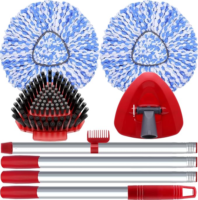 2 Pack Spin Mop Heads Replacement Compatible with O Cedar RinseClean 2 Tank, Upgraded Scrub Brush,4 Section Mop Handle and 1 Base Combo Set, Microfiber Replace Head Refill