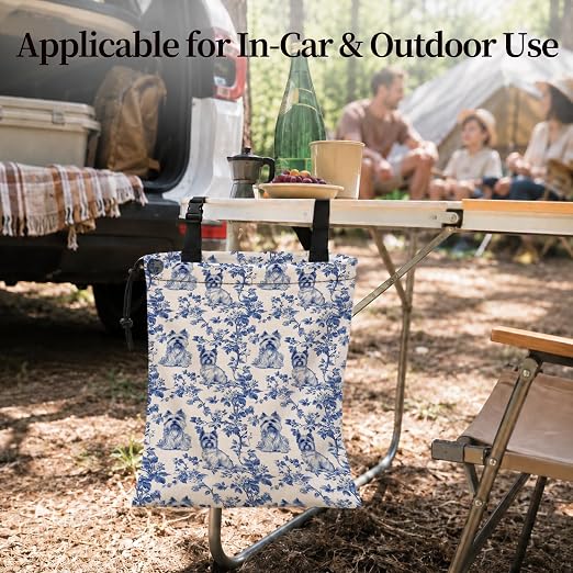 Chinoiserie Yorkshire Terrier Car Garbage Bag Canvas Trash Can | Blue and White Yorkie Dog Drawstring Car Trash Bag Hanging for Back Seat with Adjustable Buckle