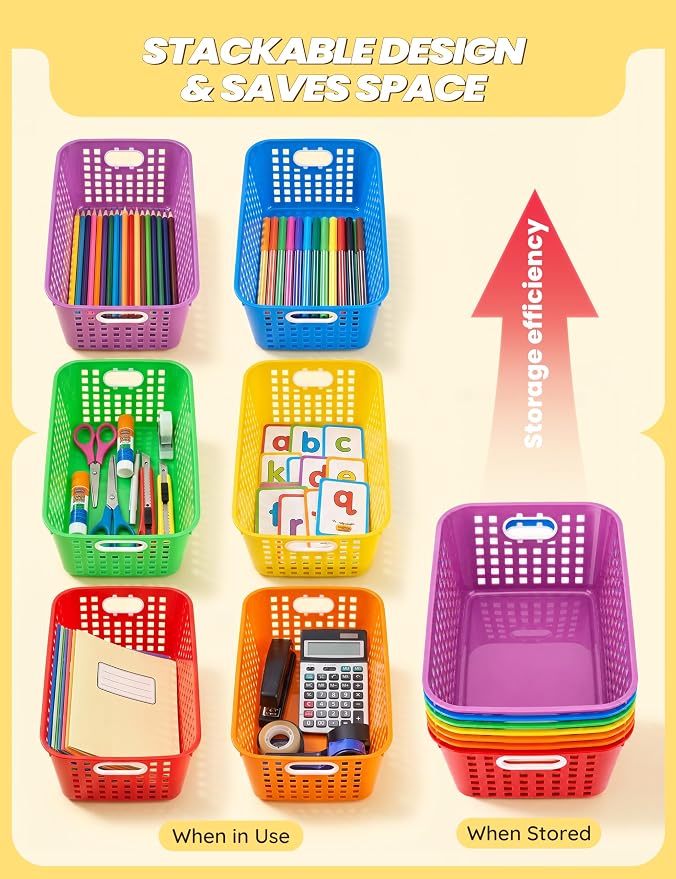 6 Pack Plastic Classroom Storage Baskets, Organizer Bins with Handle | Rainbow Color 11" × 7.1" × 4.6" Medium Papers Book Storage Organizer for School Classroom Library Office Home Desktop Closets