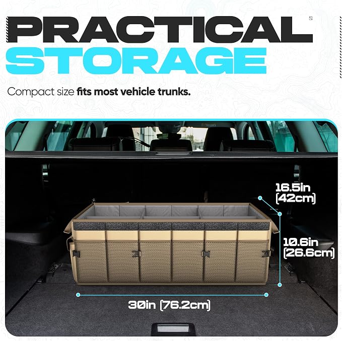FORTEM Trunk Organizer - Foldable Car Organizer & Storage for SUVs & Trucks | Car Accessories for Men Women, Collapsible Bag, Non Slip Bottom, Straps, Soft Cover, 600D Oxford, Beige, 6 Compartments, 85L