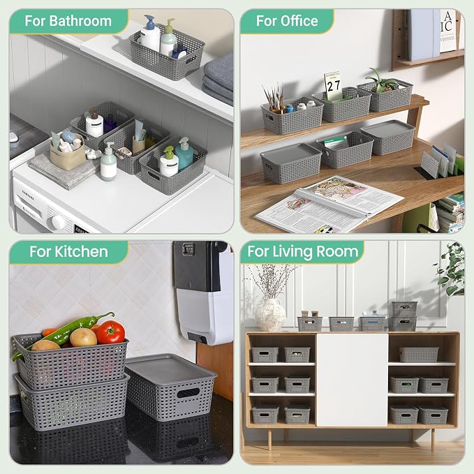 Ohmlove 8 Pack Plastic Storage Baskets with Lids for Organization | Stackable Storage bins, Storages Baskets for Organizing Shelves Drawers Desktop Closet Playroom Classroom Office, Gray