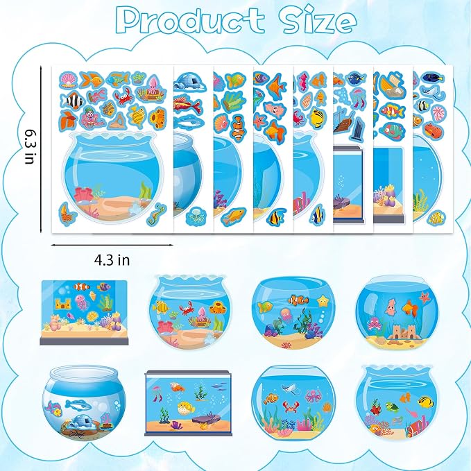 24 Sheets Make Ocean Animals Worlds Scene Stickers, Cute Under The Sea Ocean Animal Stickers Summer Fish Tank Scene for Party Favors Summer Activities Crafts