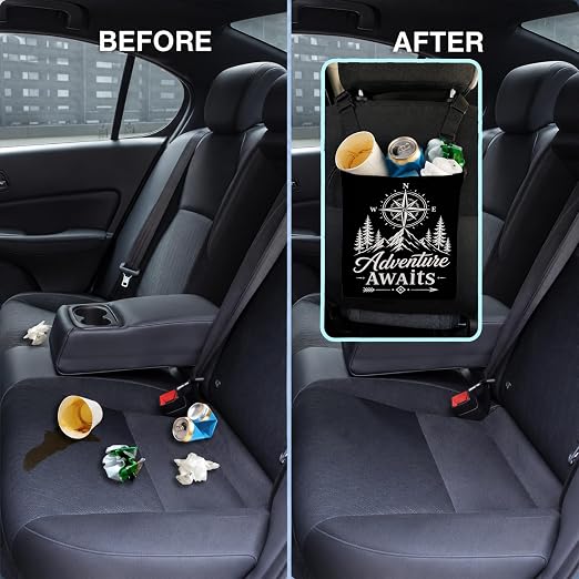 Mountain Adventure Car Trash Bag Hanging for Back Seat | Camping Hiking Lover Gifts Canvas Drawstring Car Garbage Bag with Adjustable Buckle Vehicle Trash Can
