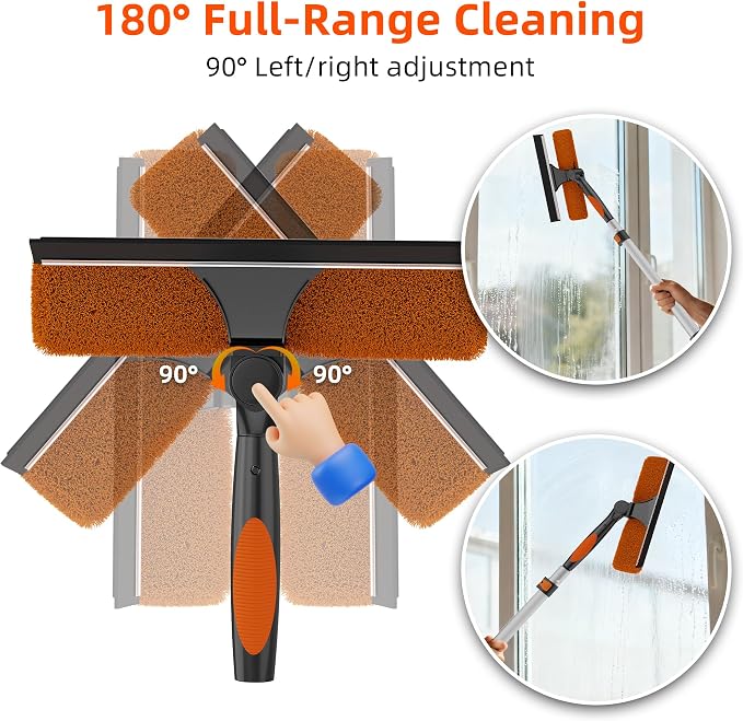 30FT Reach Window Washing Kit, Squeegee with Extension Pole | 5-24FT Telescoping Pole with Flip-Lock And Rotatable 2-in-1 Squeegee Head for High-Window Cleaning