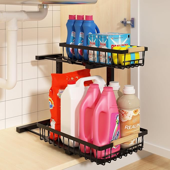 REALINN Under Sink Organizer, Adjustable 2 Tier Pull Out Kitchen Bathroom | cabinet organizer, 5 level adjustable, quiet sliding rails, dual suction and nano tape, no drill, rust resistant holds 50 lbs