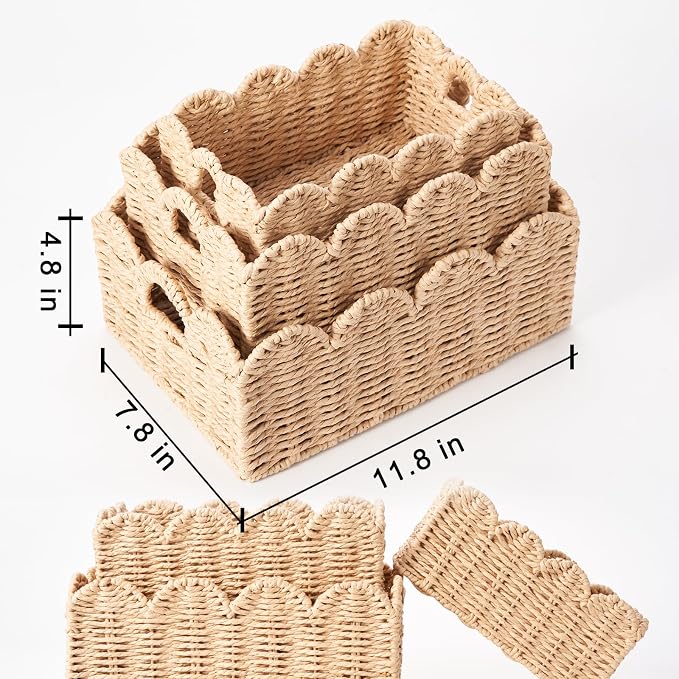Scalloped Wicker Baskets Set of 3, Hand-Woven Storage with Handles | set of 3 beige scalloped baskets with handles. Hand-woven paper rope for shelves, bathroom or closet. Stackable, sturdy.