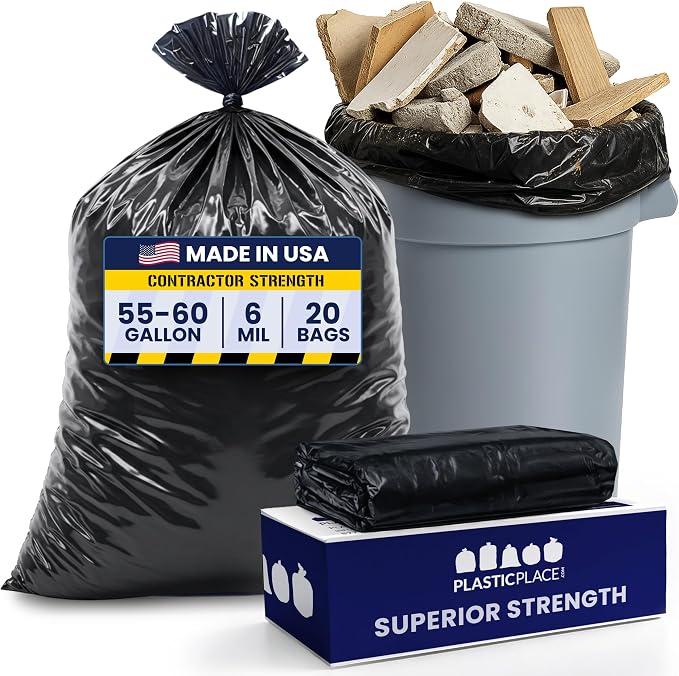 Plasticplace Contractor Garbage Bags: 55 Gallon Trash Bags Heavy Duty, Big Black Trash Bags, 36"x58", 6.0 Mil, Pack of 20