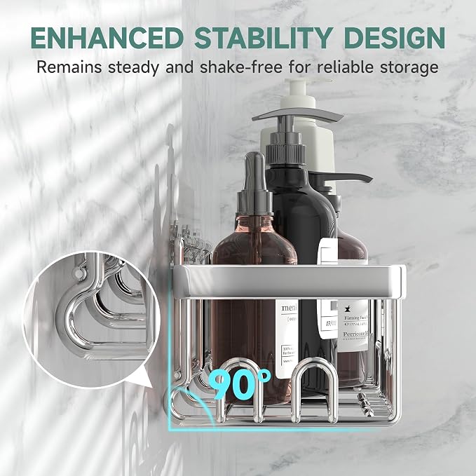 Veken Shower Caddy 5-Pack, Bathroom Organizers and Storage Shelves, Silver | Advanced Rustproof Design, Large Capacity, No Drilling, Adhesive Rack with Soap Holder, Wall-Mounted Kitchen & Home Decor