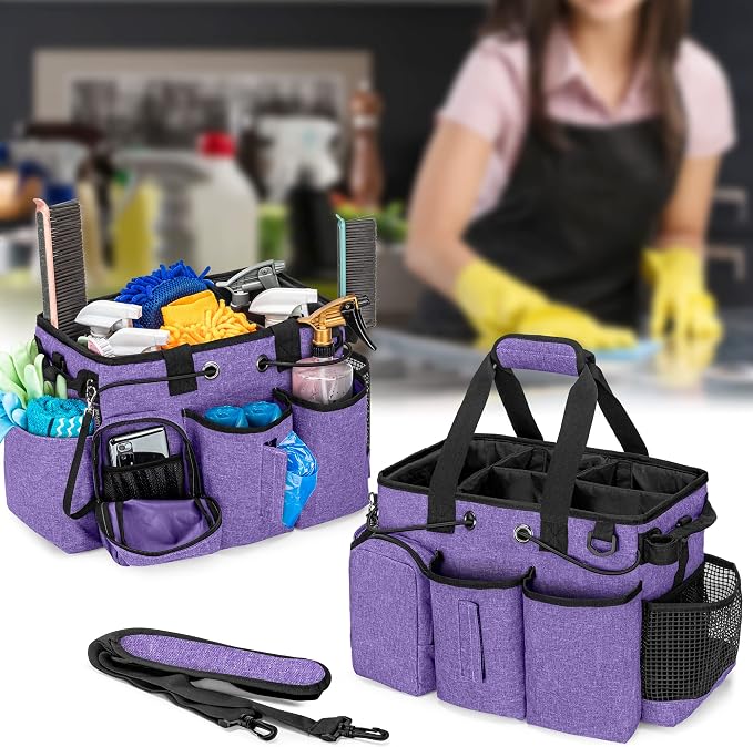 LoDrid Large Wearable Cleaning Caddy Bag with Detachable Divider, Purple | Cleaning Supply Tote Organizer with Handles and Adjustable Shoulder Strap for Cleaners & Housekeepers