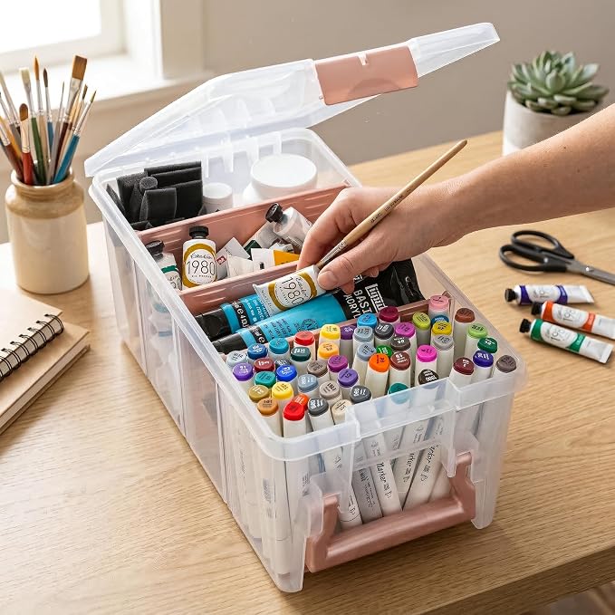ArtBin Semi Satchel Portable Craft Organizer with 3 Dividers - Clear Plastic Storage Case for Art & Craft Supplies | 3 Removable Dividers, 15.2 x 8 x 6.2 Inches, Secure Latches, Carry Handle, Clear Durable Polypropylene