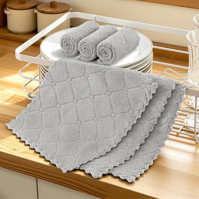 Homaxy Super Soft 12 Pack Coral Velvet Dish Cloths, 7" x 9", Grey | Ultra-Absorbent Dishcloths, No Lint, Nonstick Oil, Fast Drying, Microfiber Cleaning Cloth
