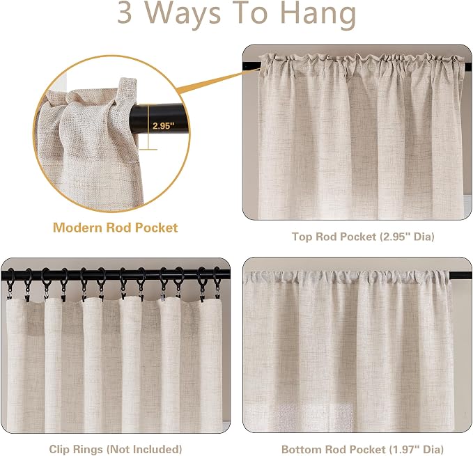 Linen 36 Inch Curtains for Kitchen Window Bathroom Bedroom 2 Panels | Light Filtering Semi Sheer, Chic Boho Farmhouse Drapes, Light Coffee Beige Tan, Small Short Cafe Curtain, Rod Pocket, W25xL36