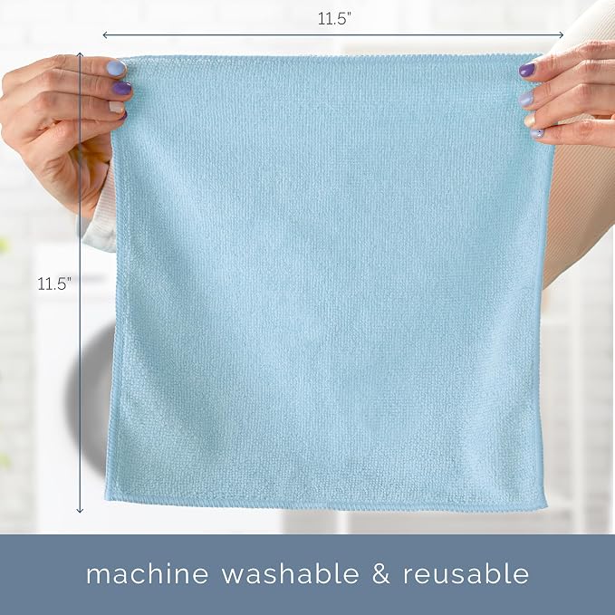S&T INC. Microfiber Cleaning Cloth, 100 Pack, 11.5" x 11.5", Light Blue | Bulk Cleaning Cloth for Home and Car, Reusable and Multi-Purpose Cleaning Rags for Business, Machine Washable