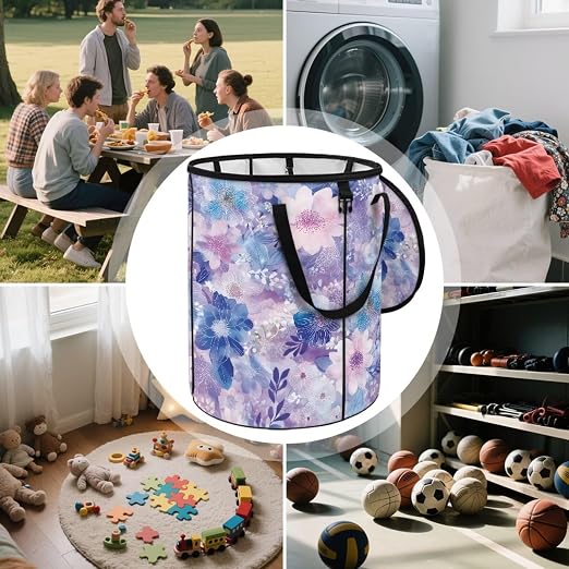 BIGCARJOB Flower Print Outdoor Trash Can with Lid, Foldable Trash Can Collapsible Pop Up Garbage Bin Waste Basket Storage for Travelers Camper Trailer
