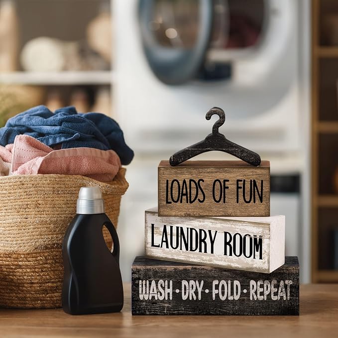 Moucuny 4 Pcs Laundry Room Decor Wooden Signs Rustic Farmhouse Block | Wash Dry Fold Repeat Text, Laundry Shelf Decor, Tiered Tray Centerpiece, Rustic Farmhouse Style with Hanger Accent
