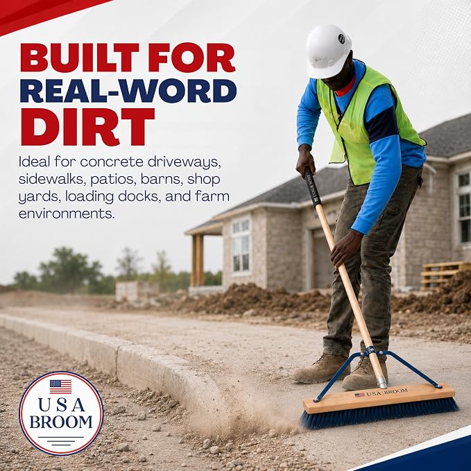 24" Heavy Duty Outdoor Push Broom with 60" Handle. Ideal for Asphalt, Concrete & Heavy Debris. Durable American Made Steel Brackets-Stainless Steel Hardware. No Plastic. 100% USA Made