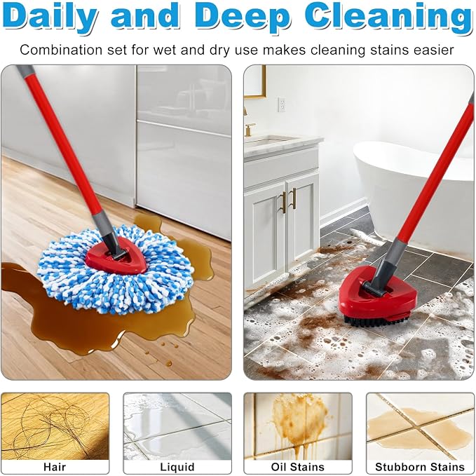 Mop Heads Replacement Scrub Brush and Base Spin Mop Handle Compatible with Ocedar RinseClean 2 Tank System Include 2 Mops Replace Head 1 Upgrade Brush 1 Base & 30-58" Adjustable Mop Stick (NO Bucket)