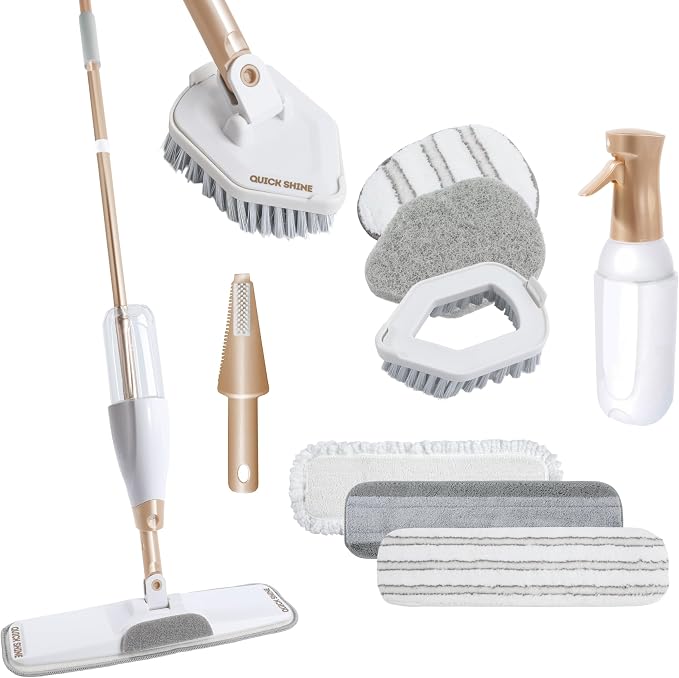 Quick Shine Multi-Action 10 Piece Interchangeable Spray Mop Kit | Ultimate Gold All-In-One Pro Cleaning System, Lightweight Mop w/ Assorted Microfiber Pads & Triangular Attachmets
