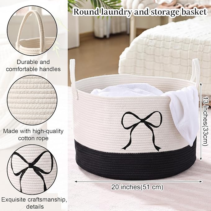 Honeydak Large Blanket Basket Black Bow Laundry Hamper 60l Cotton Rope Storage Bin for Blankets Toys Clothes 13 x 20 Inches Baby Nursery Room Playroom Storage Organization Teens Girls Dorm