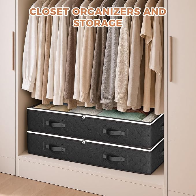 Budding Joy Under Bed Storage Containers with Clear Lids, 4 Pack | Underbed Storage Bags for Blankets, Towels, Comforter, Sweaters, Linen Sheets, Wrapping Paper
