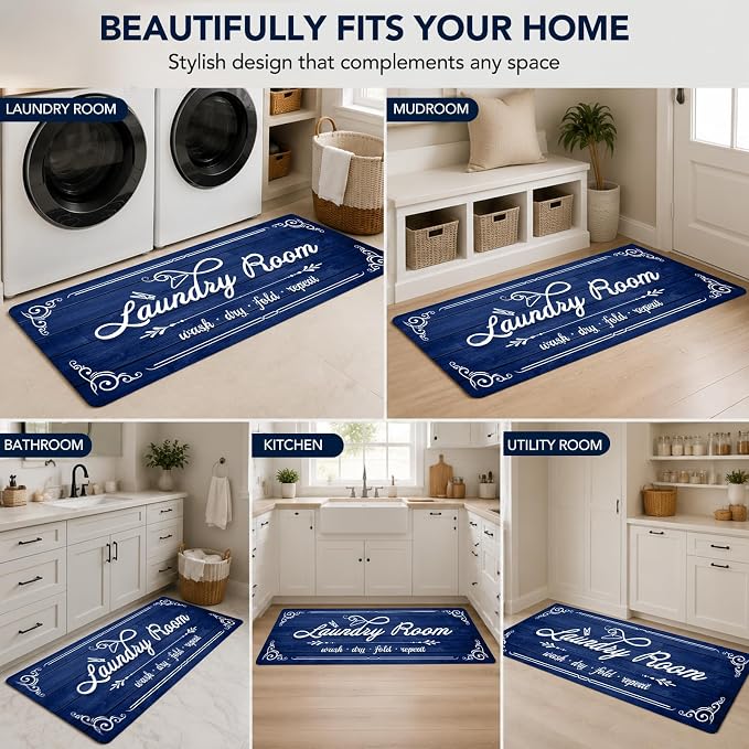 Non-Slip Laundry Room Rug Runner 17.3"x47.2" Washable Floor Cushioned Rubber Carpet Blue Bathroom Hallway Mudroom Kitchen Mat for Farmhouse Entryway Washroom Decor Accessories