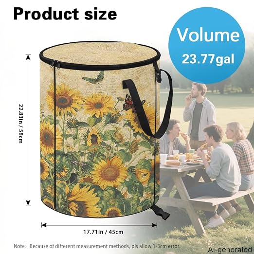 Sunflower Outdoor Trashcan Collapsible Pop up Trash Can with Handles and Lid Flodable Easy to Store Car Camping Supplies 24 Gallon Reusable Container for Yard Garden Waste