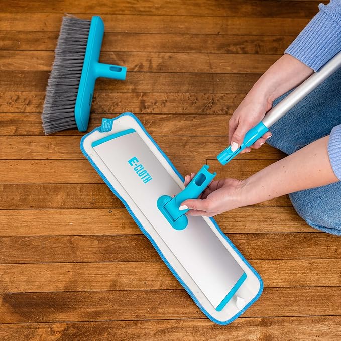 E-Cloth Easy-Click Mop w/ 4 Interchangeable Attachments, 1 Handle + 4 Tools | Broom Head, Dusting Head, Wet Mop, & Dry Dusting Pad Attachment, Home Cleaning Supplies, for Floor Cleaning, Wall, & Ceiling
