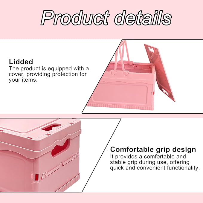Foldable Small Plastic Baskets with Lids and Handles for Organizing,Collapsible Storage Crates, Stackable Bins for Home Kitchen Bedroom Bathroom Office (Pink, 12 * 8 * 7)