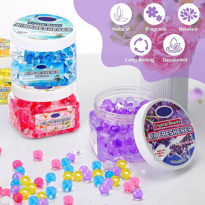 12 Pcs Air Freshener Bulk Odor Gel Eliminator Beads 8 Oz, 4 Scent | Long Lasting Air Freshener Beads in Jar Eliminates Odors in Home Bathroom, Car, Boat, Rvs, Pet, Ocean Lavender Rose Lemon