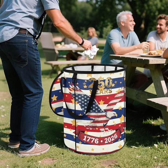 American Eagle Collapsible Trash Can for Outdoor 24 Gallon Foldable Garbage Bin with Lid, Heavy Duty Waterproof Trash Bag Holder for Camping, RV Travel, 4th of July Decor,